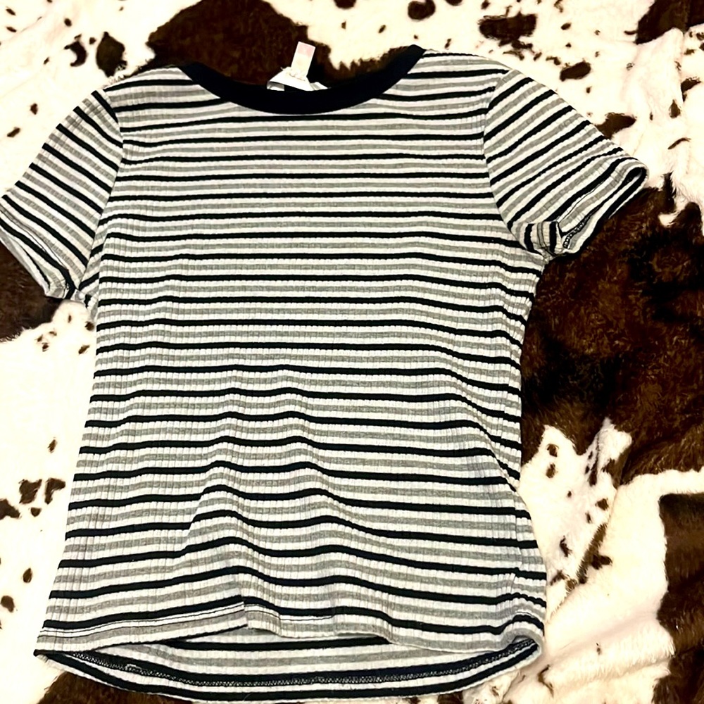 Striped black, white, and grey—No Boundaries Top